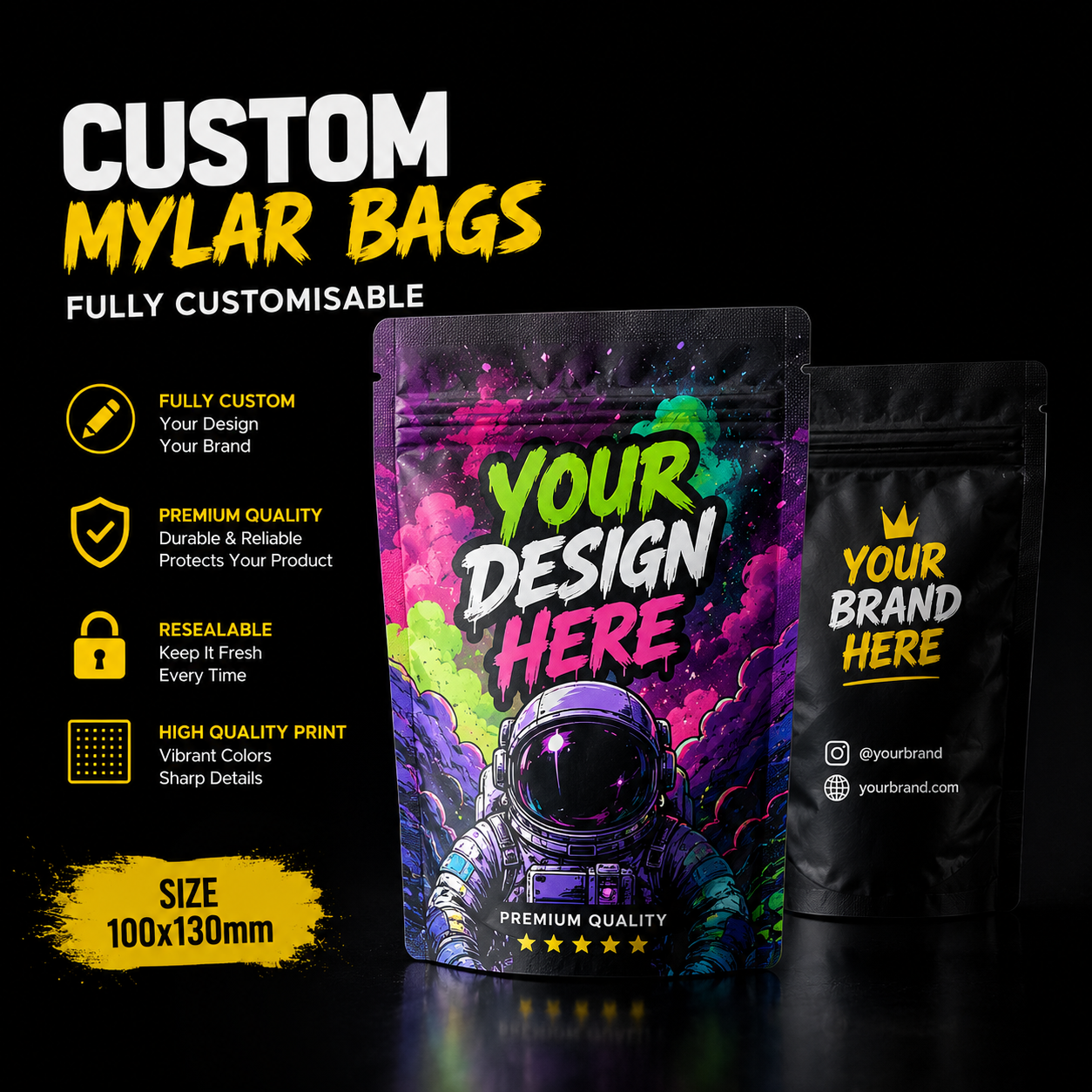 Custom Mylar Bag 100x130x50mm (3.5-5G)