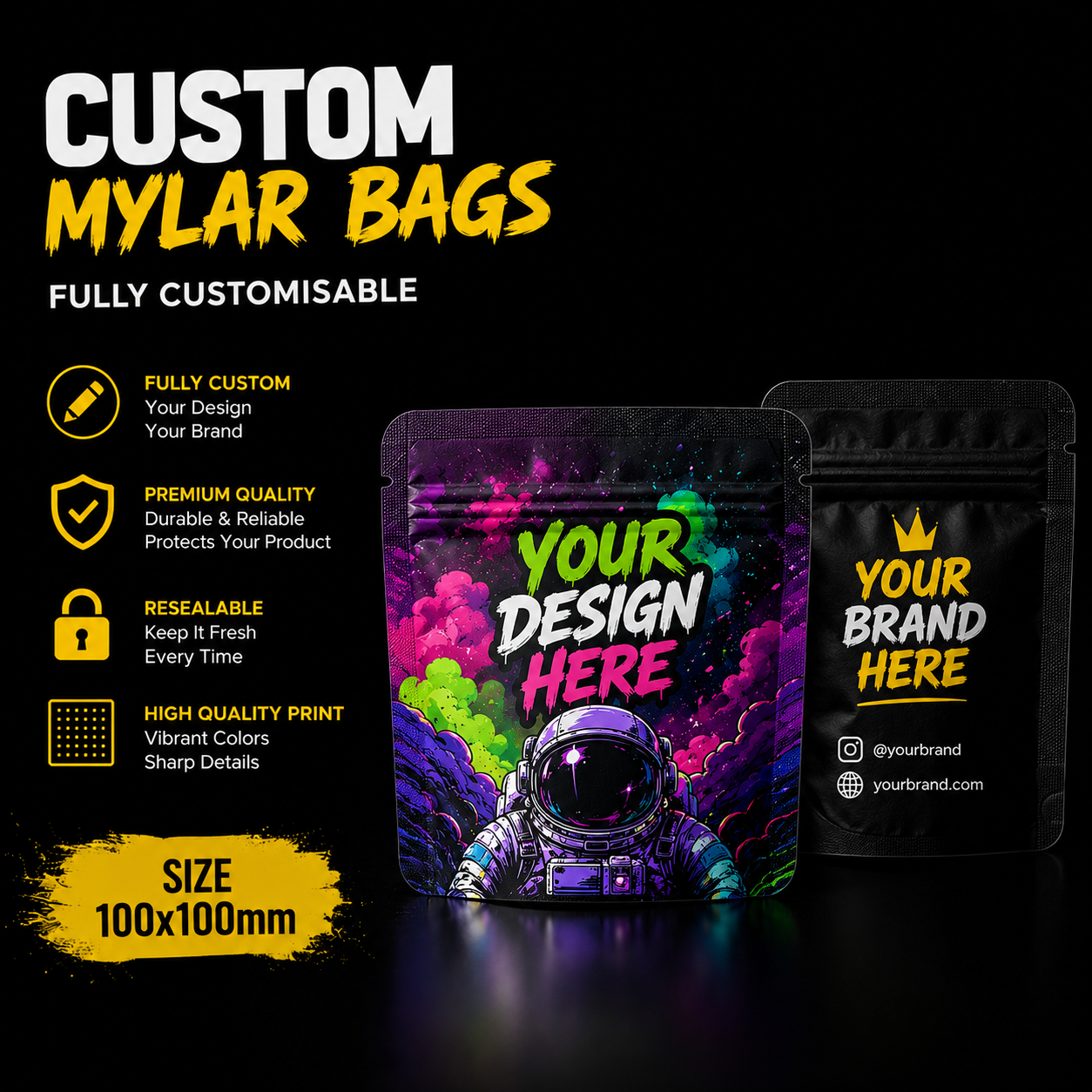 Custom Mylar Bag 100x100x50mm (1-3.5G)